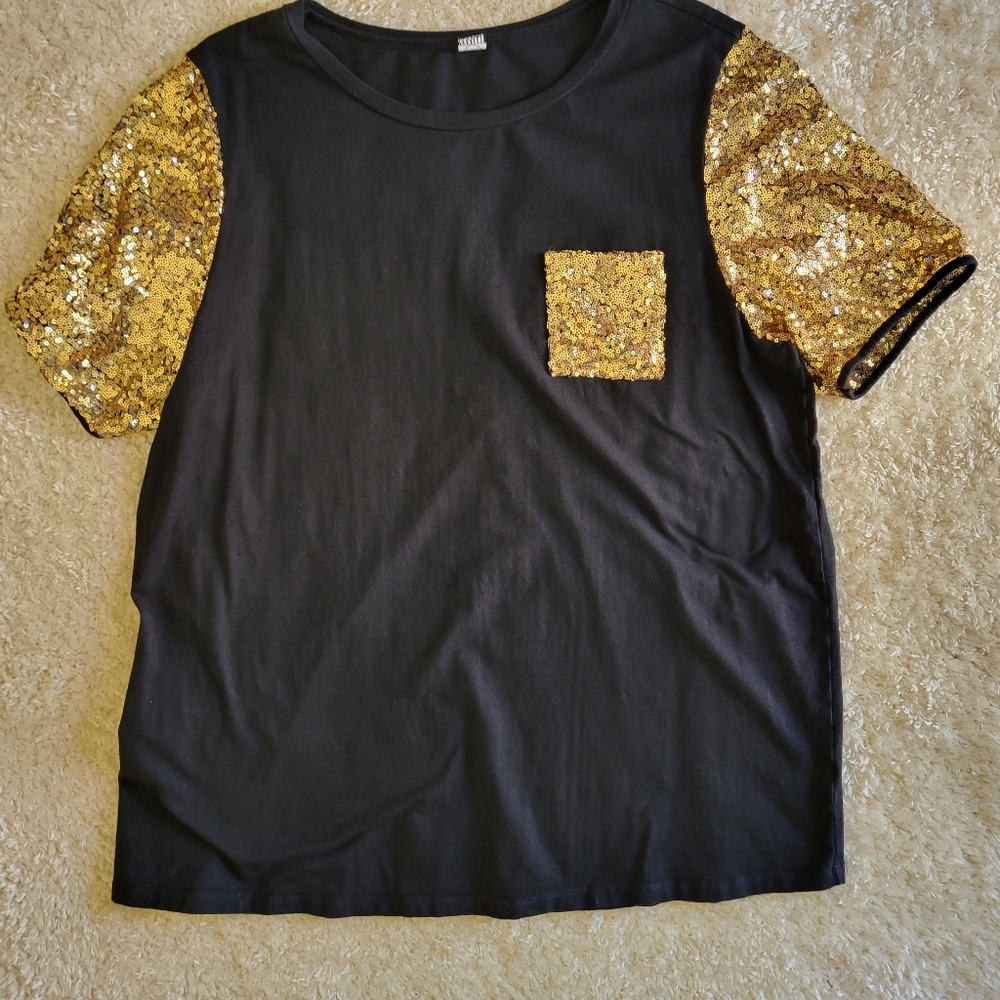 Sunshine & Rodeo black t-shirt with gold sequins sleeves and pocket size 3X - Picture 4 of 8